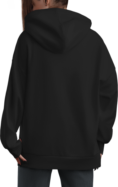 Mockup of black hoodies on a girl, png, sweatshirt, back view